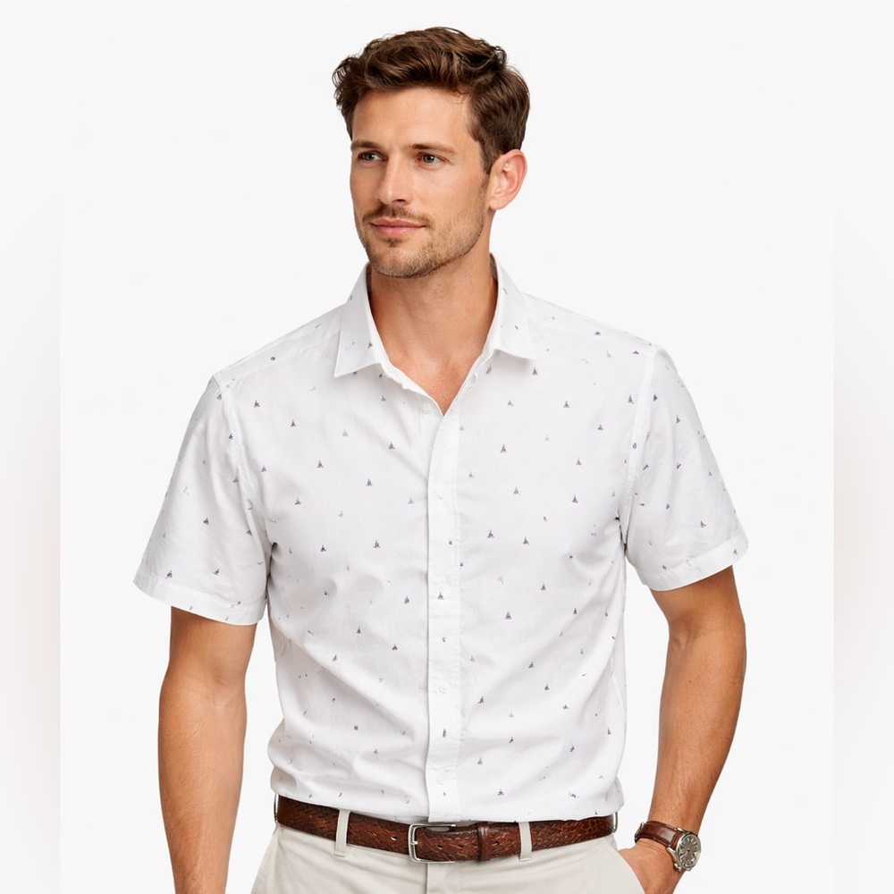 Indochino White Short Sleeve Button-Down Shirt | Sailboat Print | 100% Cotton XL